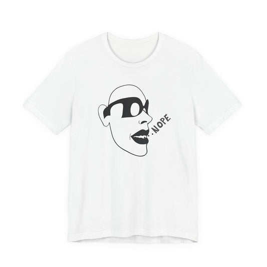NOPE Graphic Tee — Minimalist Sunglasses Face Design (White)