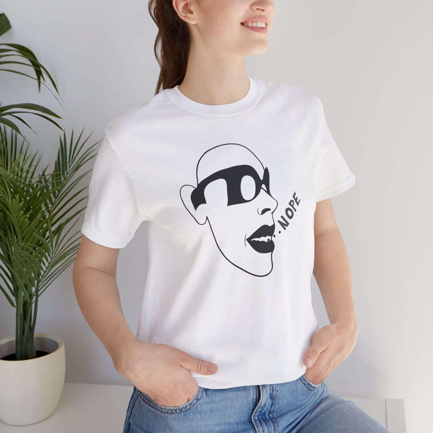 NOPE Graphic Tee — Minimalist Sunglasses Face Design (White)