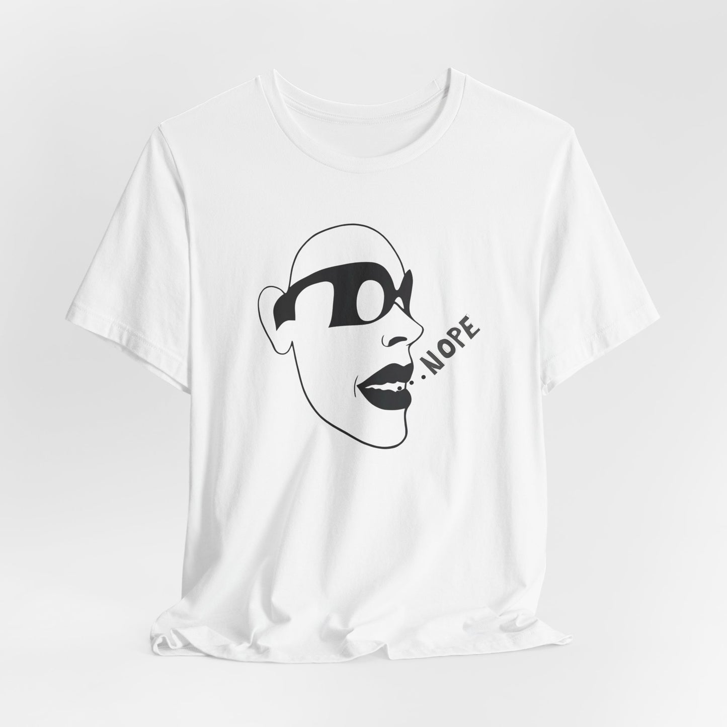 NOPE Graphic Tee — Minimalist Sunglasses Face Design (White)